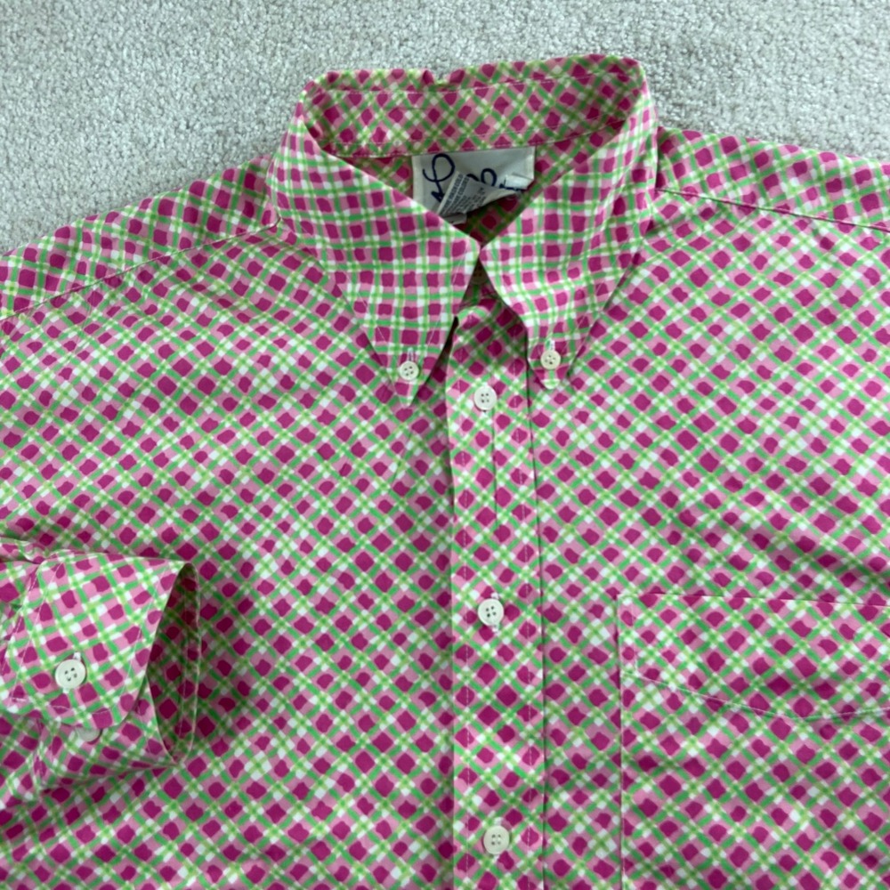 Vintage Lilly Pulitzer Button Down Shirt Mens M Pink Green Plaid Long Sleeve